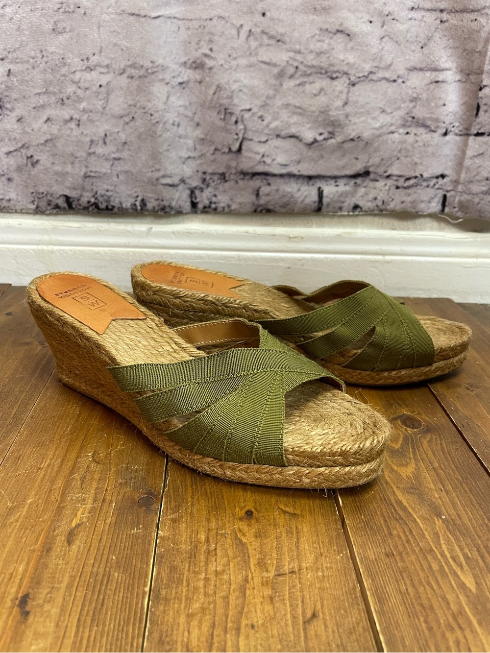 Stubbs and Wooten Womens size 38 olive green Kelley espadrille wedge sandals